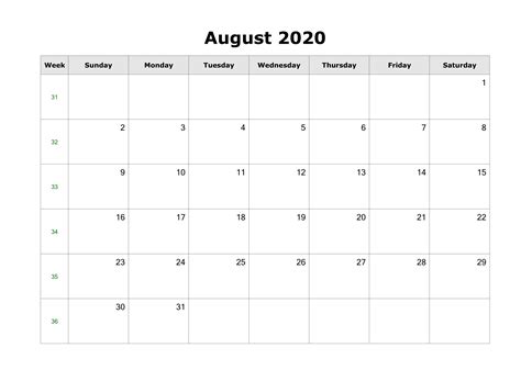 Blank August Calendar 2020 Free Printable Calendar Templates Monthly
