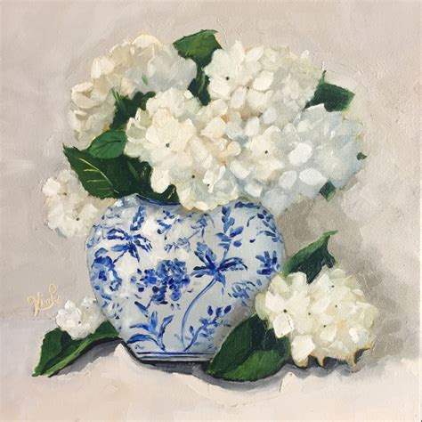 Painted blue background or texture. Original still life painting: Hydrangeas in Blue and White ...