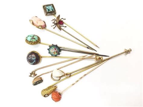 Antique Victorian Gold Stick Pin Lot Carved Coral Mini Mosaic Diamond Cameos Victorian Gold