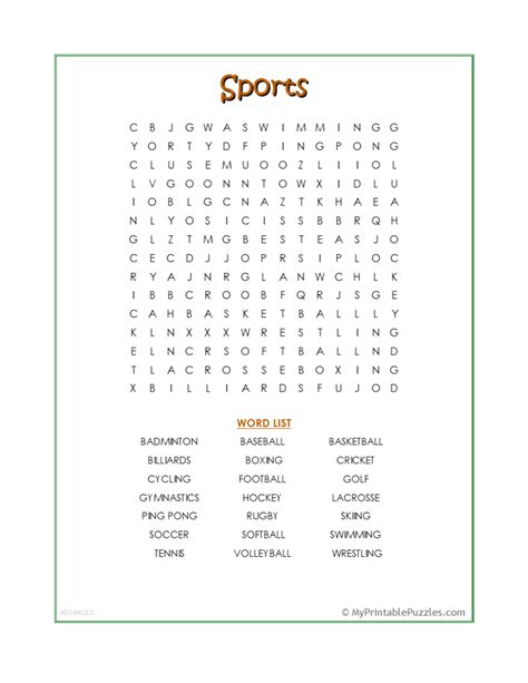 Sports Word Search Advanced My Printable Puzzles