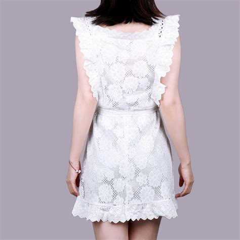 Elegant Embroidery Lace Women Dress Hollow Out Sashes Ruffle White