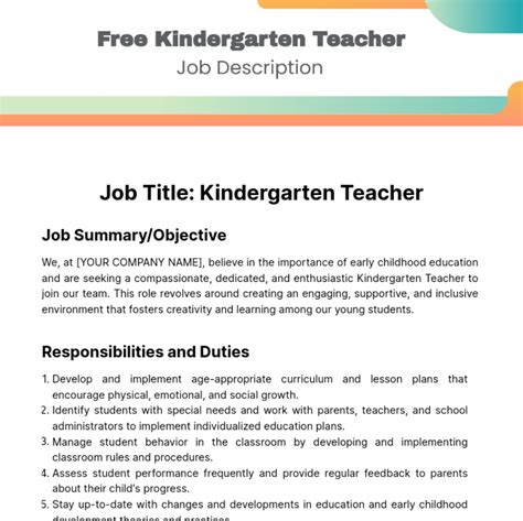 Kindergarten Teacher Job Description Template Edit Online And Download