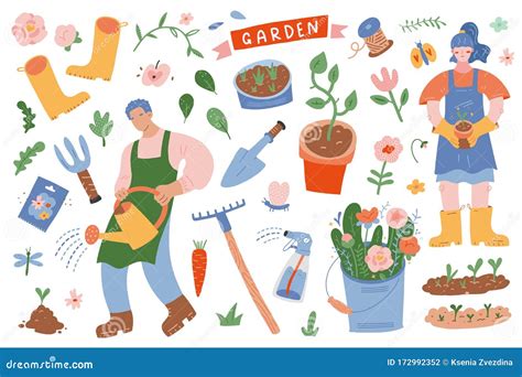gardening collection vector illustrations of people in garden with tools plants equipment and