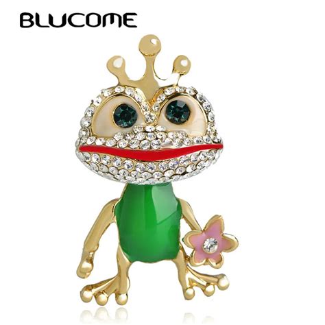 Blucome Fashion Animal Crown Frog Shape Brooch Crystal Green Enamel
