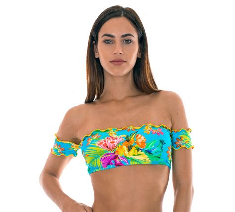 Multicoloured Bandeau Top In Tropical Print With Mini Sleeves Soutien