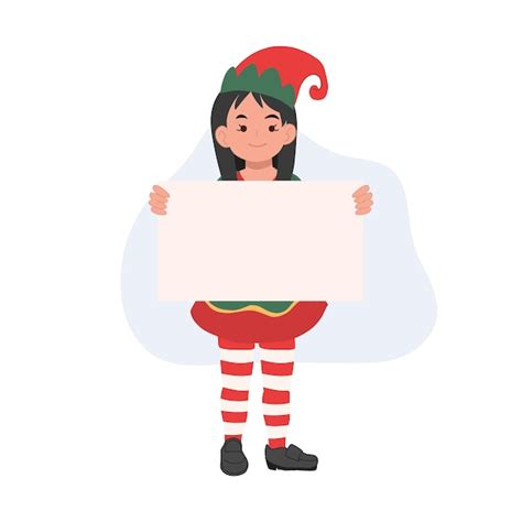 Premium Vector Young Christmas Elf Girl With Sign Vector Illustration