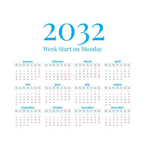 2032 Calendar With The Weeks Start On Monday Stock Vector