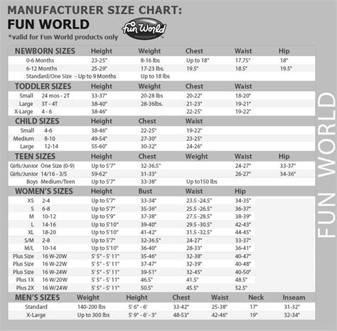 Funworld Size Chart Costume World Nz Costume World Nz