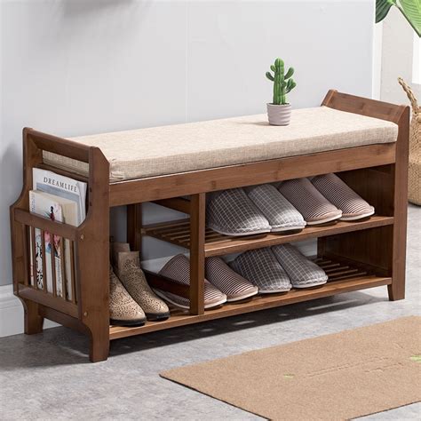 Natural Bamboo Shoe Storage Rack Bench With 2 Tier Cushioned Seat