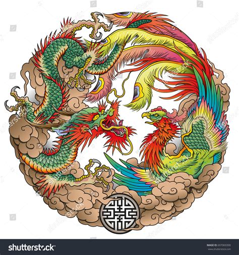 oriental dragon phoenix circle color stock vector royalty free 697069390