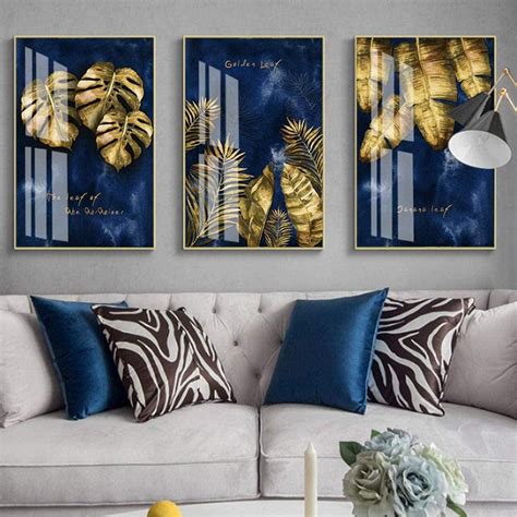 3 Pieces Picture Set Nordic Luxury Navy Blue Gold Abstract Leaves Vein