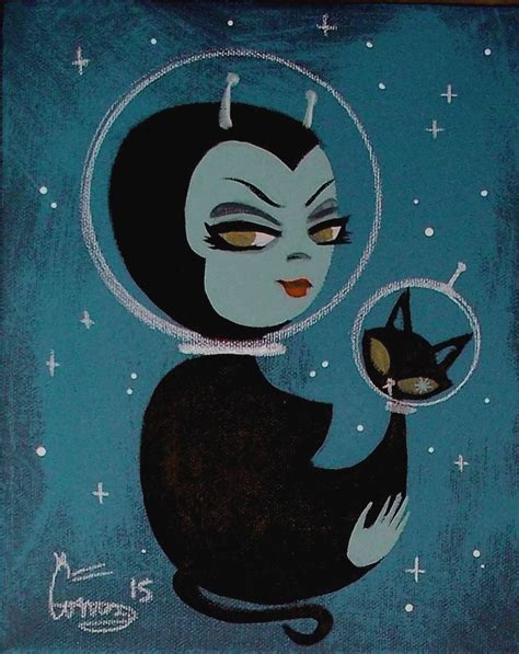 El Gato Gomez Painting Retro 1950s Sci Fi Outer Space Martian Pinup Girl Cat Cat Art Black