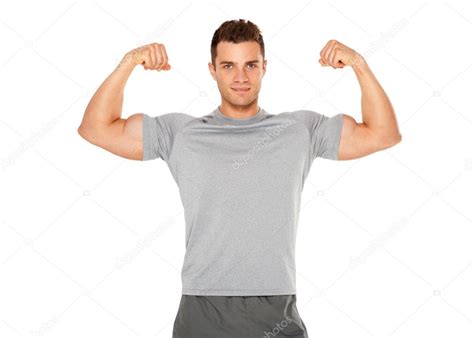Fit And Muscular Man Flexing His Biceps On White — Stock
