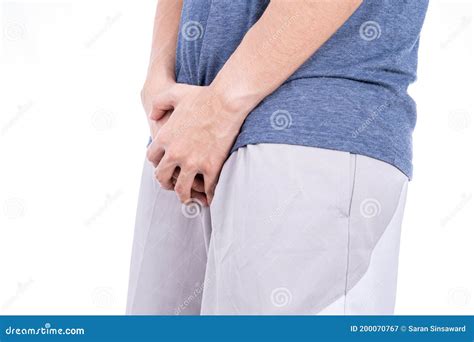 Man Hands Holding His Crotch Isolated White Background Medical