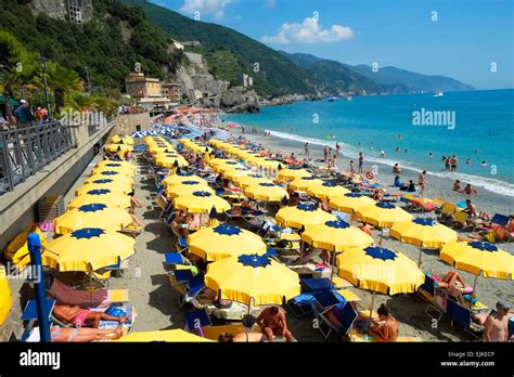 Monterosso Beach Umbrellas Cinque Terre Italy Italian Riviera Stock