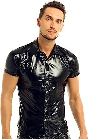 MSemis Men S PU Leather Shirts Tops Button Down Short Sleeve Wetlook