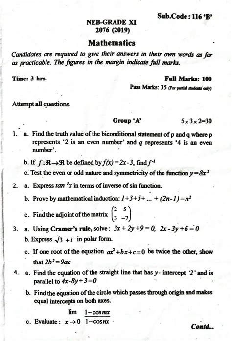 neb grade 11 mathematics question paper 2076 math village photos