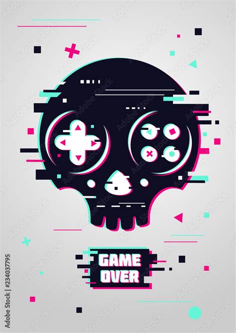 Game Over Glitchy Sign With Skull And Gamepad Video Game Symbol Gamer