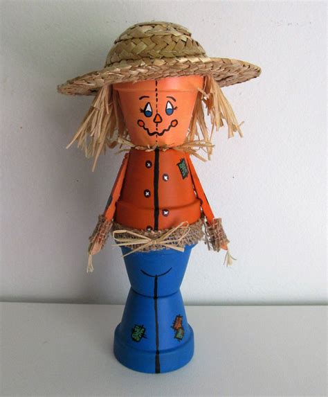 Hand Painted Clay Pot Scarecrow Shelf Sitter Figurine Etsy Clay Pot