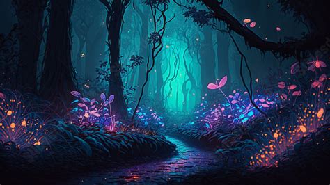 Forest Night Glow Fantasy Powerpoint Background For Free Download