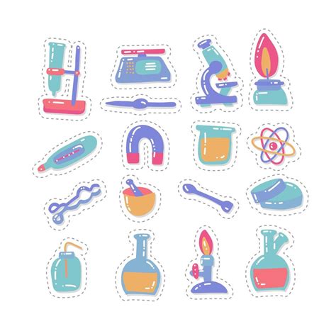 Set Stickers Of Laboratory Equipment In Flat Color Cartoon Style Hand