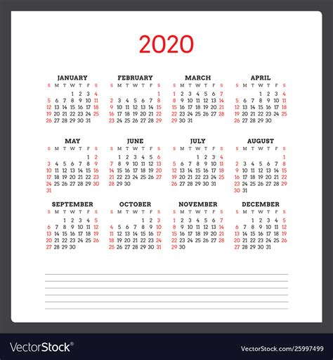 Calendar For 2020 Year Week Starts On Sunday Vector Image