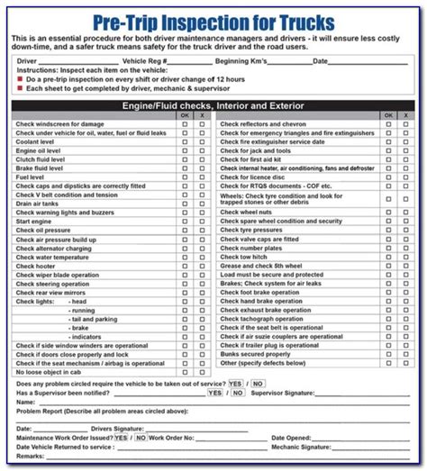 Cdl Pre Trip Inspection Checklist Form Universal Network