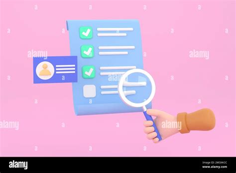 3D. Hand hold magnifying glass with Id card, checklist paper