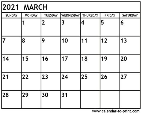 Print these free calendars and enter your holidays and events. March 2021 Calendar Printable