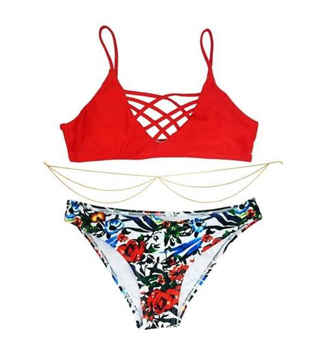 Crisscross Bikinis Set Swimwear Spaghetti Strap With Gold Belly Body Chain Red Cj182dgl0io