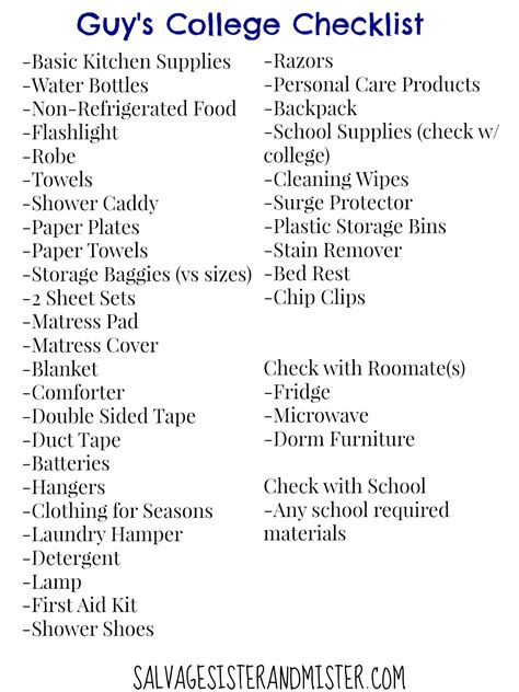 Jan 27, 2021 · free printable college grocery list. Guy's College Checklist - Salvage Sister and Mister