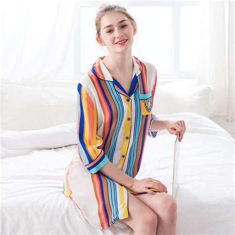 Ruishi Women Nightgown Printed Cotton Stripe Nightshirt Summer Cardigan Sexy Feminine Sleepwear