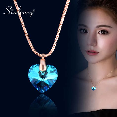 Sinleery Classic Blue Purple Crystal Heart Pendants Necklace For Women Rose Gold Color Chain