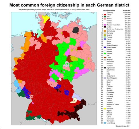 Largest foreign nationality in Germany by district in 2011. | Germany