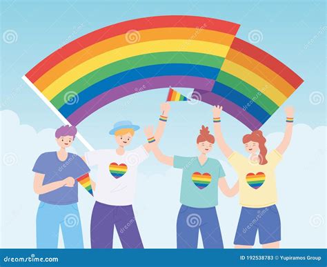 comunidad lgbtq grupo diverso con bandera arco iris desfile gay discriminación sexual