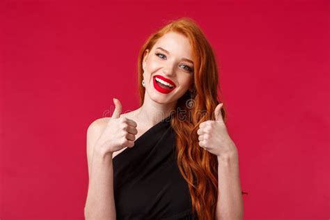Close Up Portrait Of Happy And Satisfied Redhead European Woman