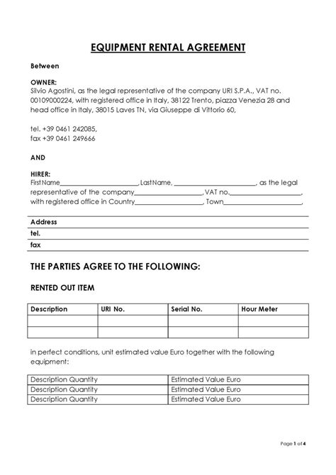 24 Free Equipment Rental Agreement Forms Editable Template