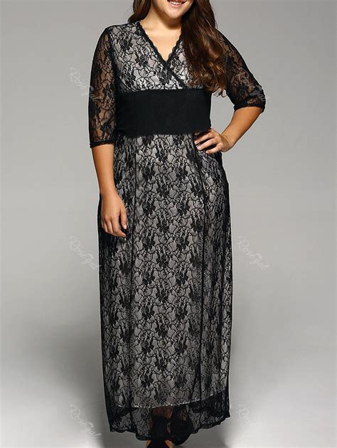 Black 4xl Plus Size Maxi Lace Prom Dress With Sleeves