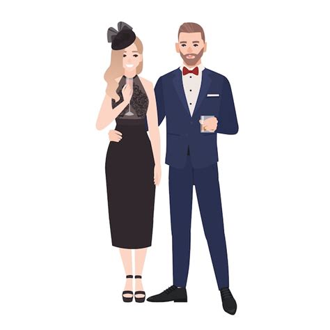 premium vector couple in elegant evening clothes standing together and drinking alcohol