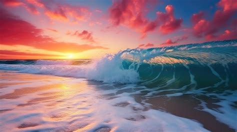 Premium Ai Image Colorful Ocean Wave Sea Water In Crest Shape Sunset