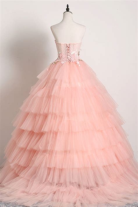 Pink Tulle Strapless Layered Floral Long Prom Dresses Pink Tulle Form