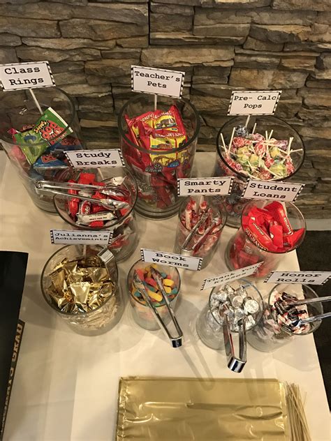 Create a collaborative playlist in spotify with nostalgic songs from your most joyful moments, and play one or two per day to dance together. College graduation themed candy bar! | Graduation party ...