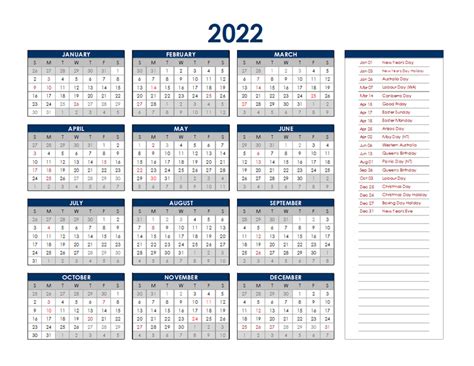 2022 Australia Annual Calendar With Holidays Free Printable Templates