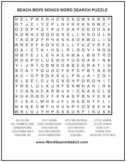Beach Boys Songs Printable Word Search Puzzle Word Search Addict