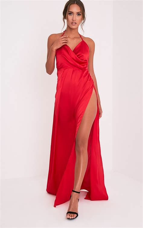 Lucie Red Silky Plunge Extreme Split Maxi Dress Dresses Prettylittlething Prettylittlething Ie