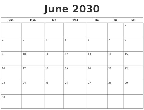 June 2030 Free Calendar Template