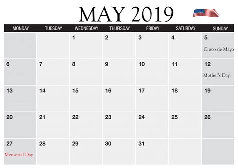 Usa May 2019 Federal Holidays Calendar Holiday Calendar Federal