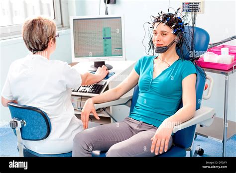 Woman Undergoing An Electroencephalogram Eeg Limoges Hospital