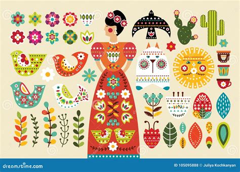 Set Mexican Folk Elements In Flat Design Stock Vector Illustration Of