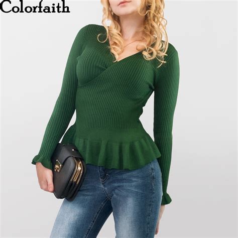 colorfaith women pullovers sweater new 2019 knitting autumn winter ruffles v neck multi colors